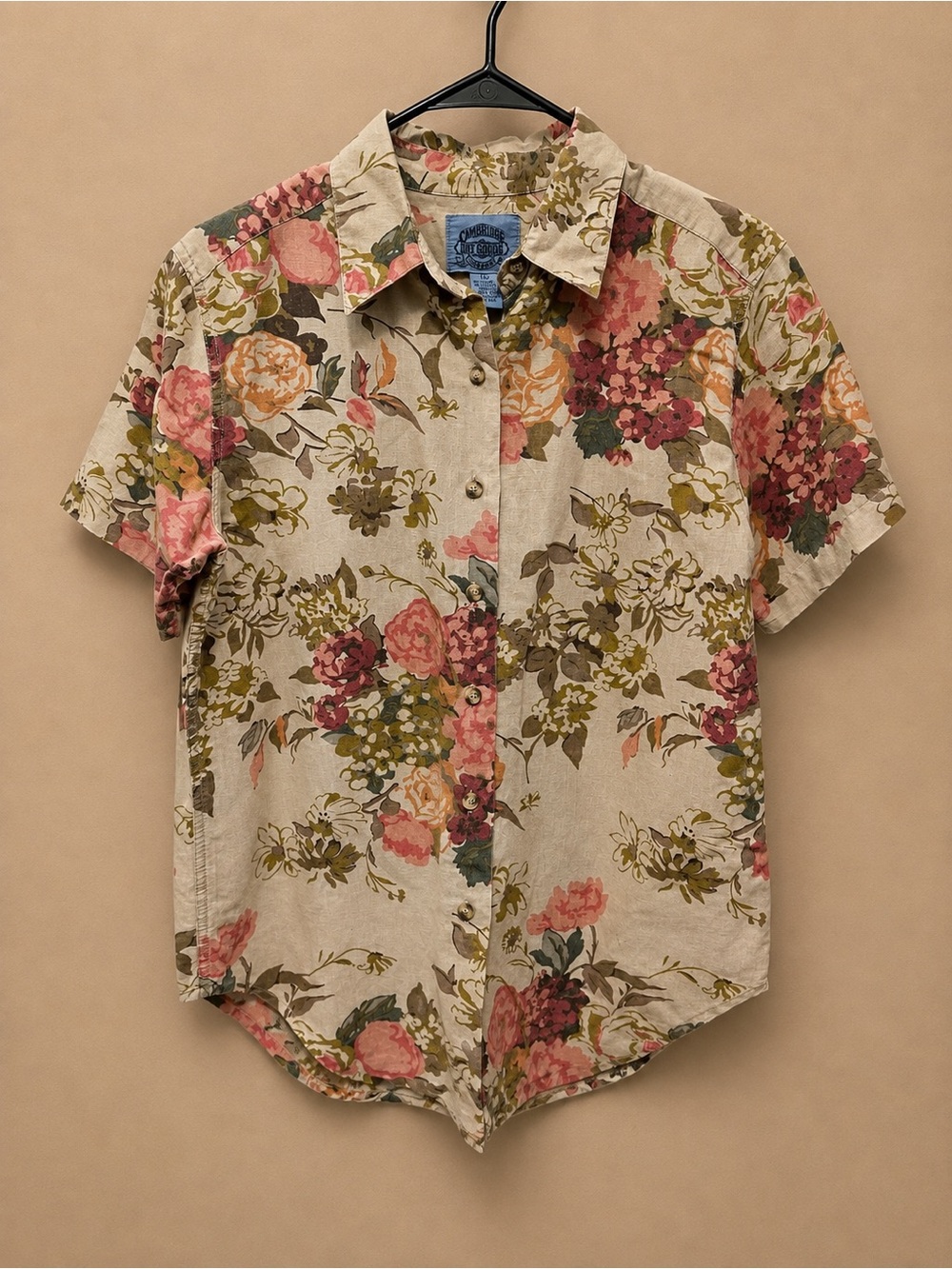 Cambridge Dry Goods Beige Floral Short-Sleeve Button-Up Shirt with Pink & Green